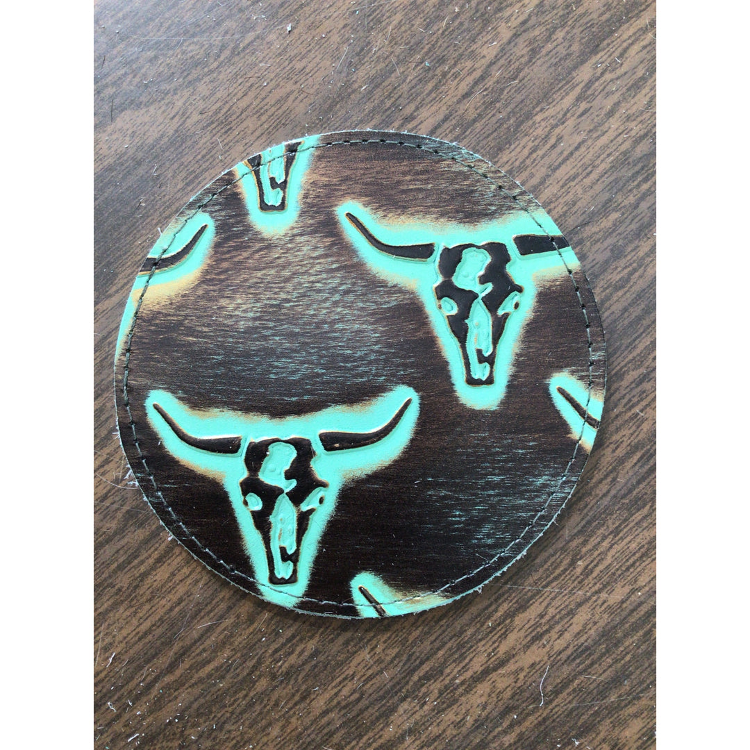D2W Trading Longhorn Embossed Leather Coaster - Turquoise