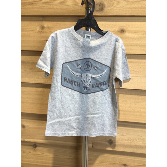 Ranch Raised Unisex Longhorn Short Sleeve Tee Shirt- Black/Grey