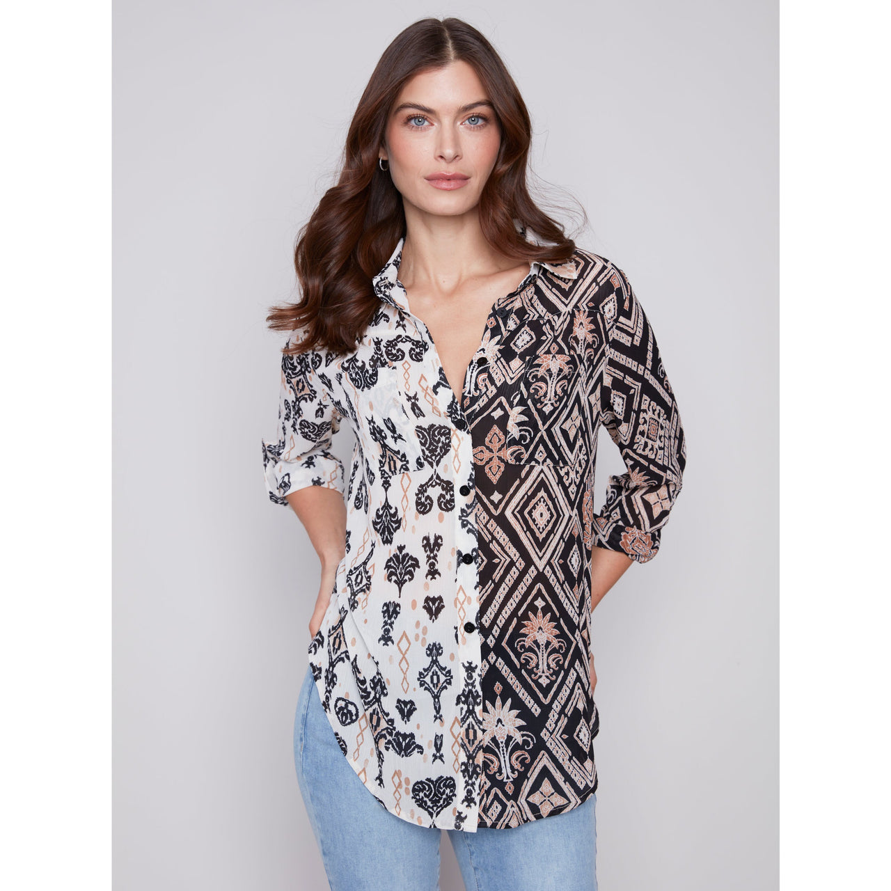 Charlie B Women's Long Sleeve Shirt w/Slit at Sides - Damask