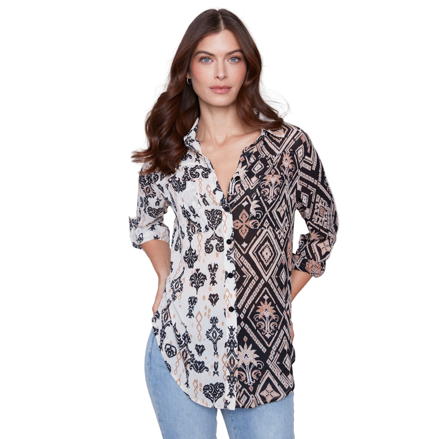 Charlie B Women's Long Sleeve Shirt w/Slit at Sides - Damask
