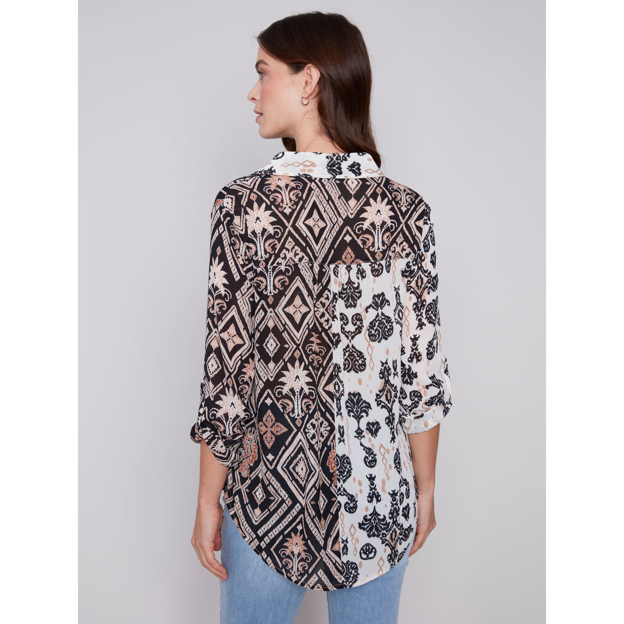 Charlie B Women's Long Sleeve Shirt w/Slit at Sides - Damask