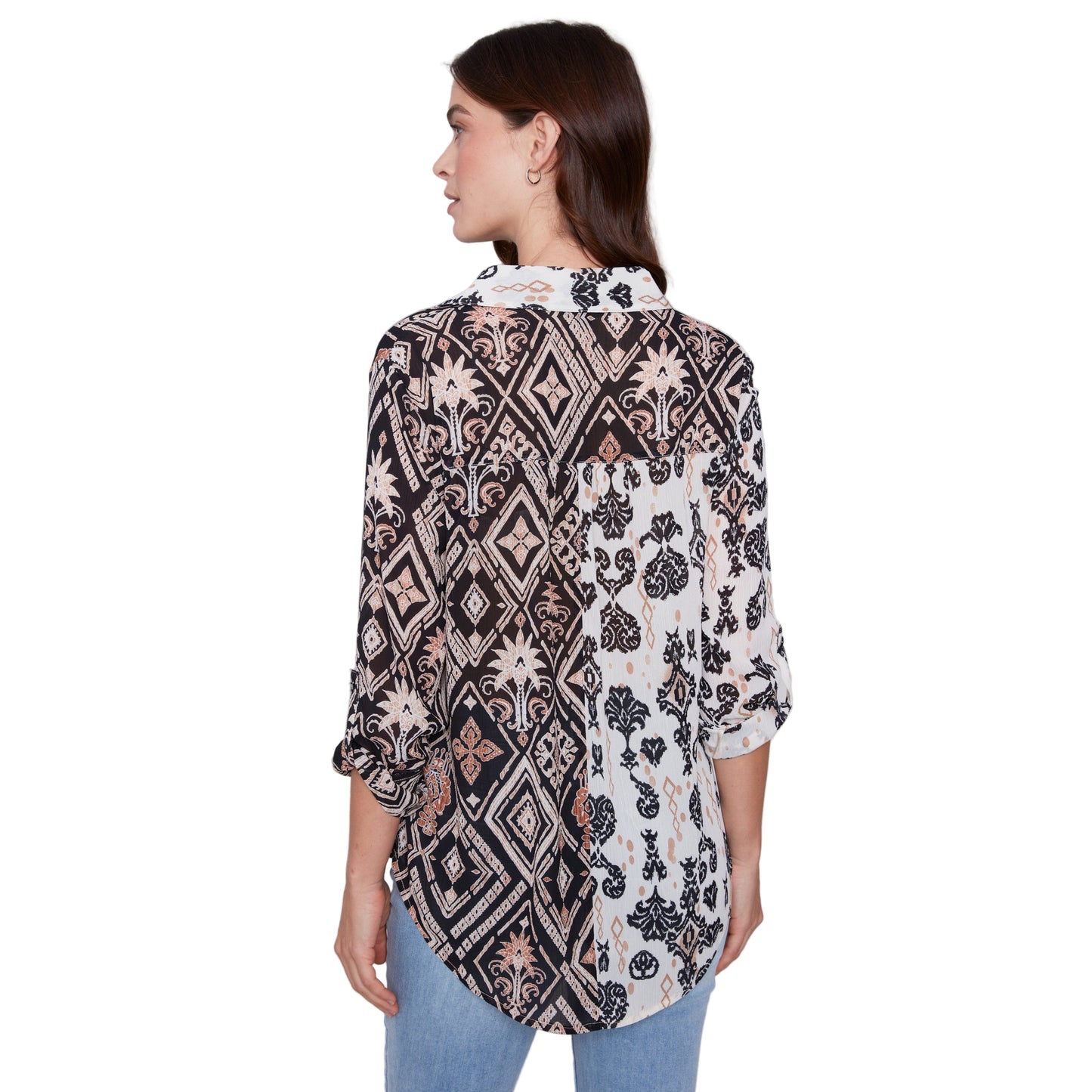 Charlie B Women's Long Sleeve Shirt w/Slit at Sides - Damask