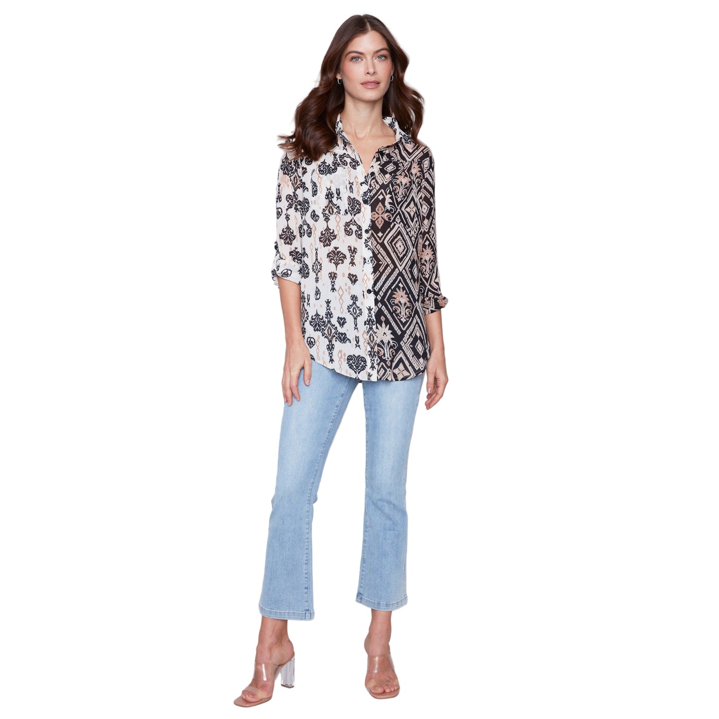 Charlie B Women's Long Sleeve Shirt w/Slit at Sides - Damask