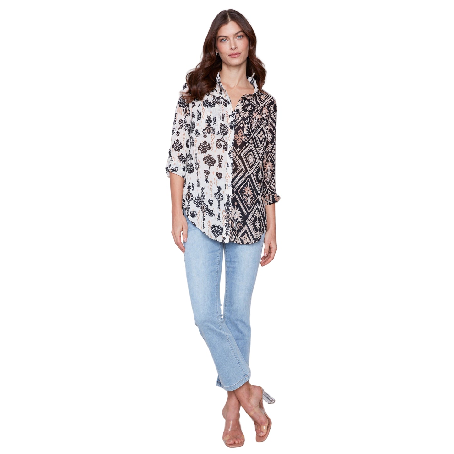 Charlie B Women's Long Sleeve Shirt w/Slit at Sides - Damask