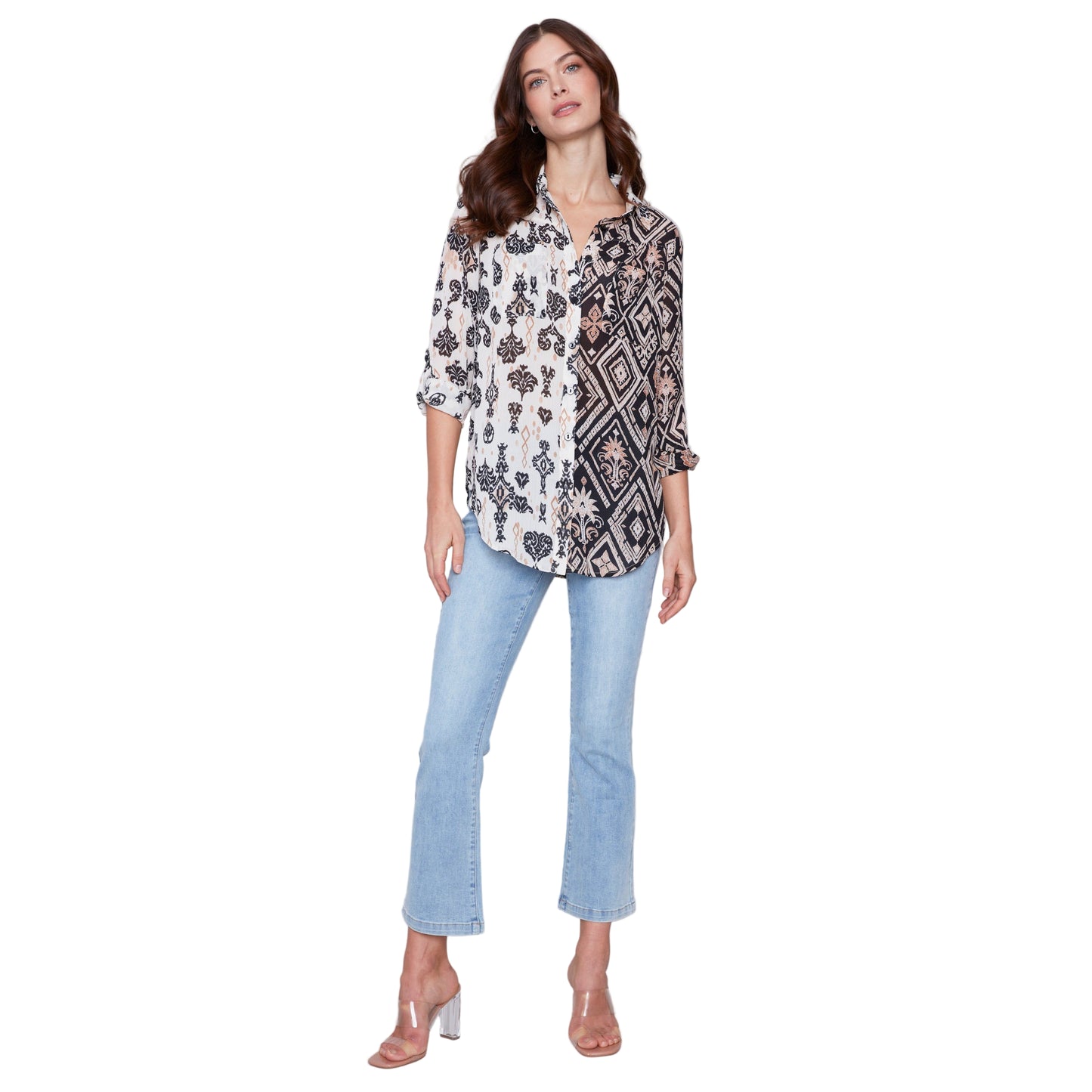 Charlie B Women's Long Sleeve Shirt w/Slit at Sides - Damask