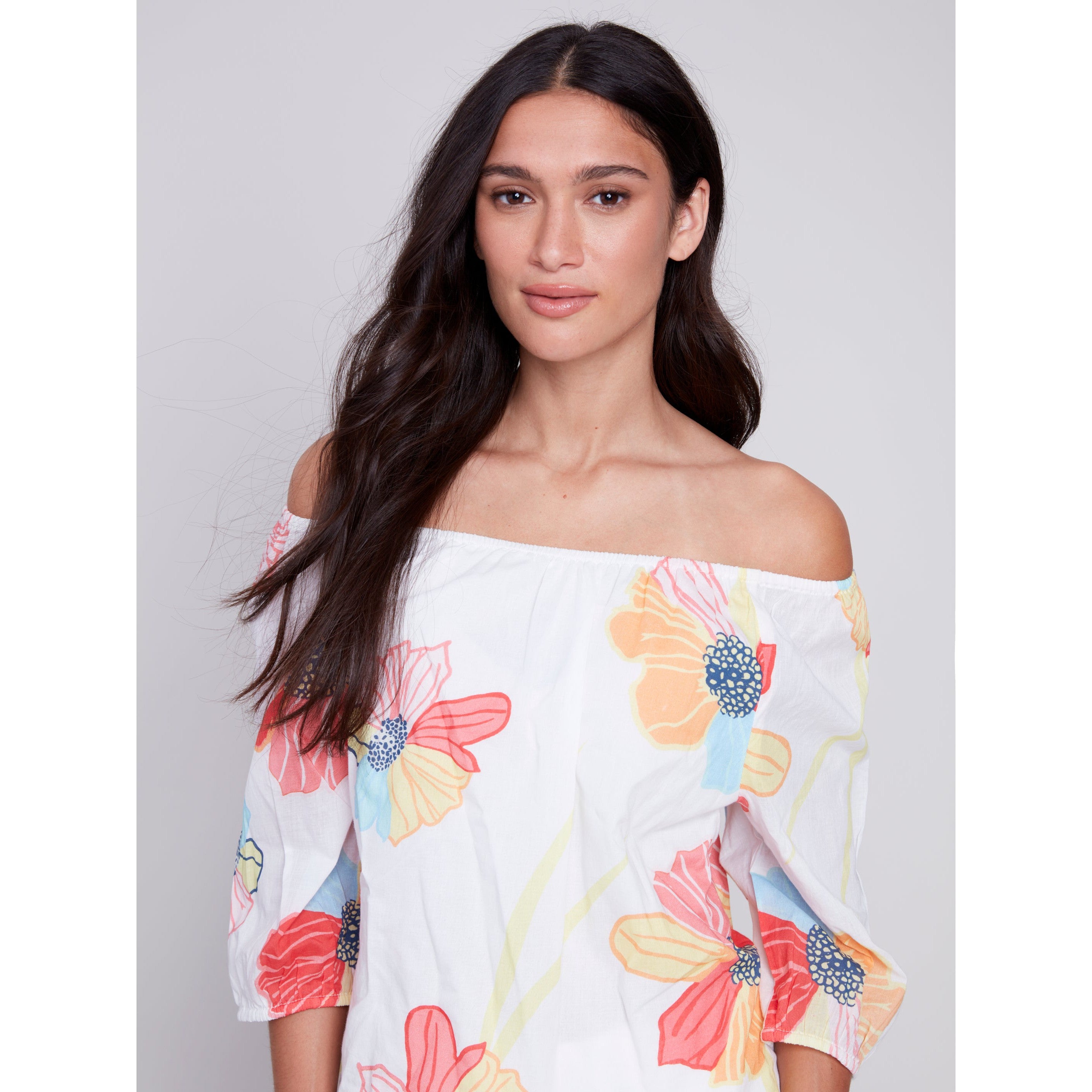 Charlie B Women's Digital Printed Off Shoulder 3/4 Sleeve Lined Top