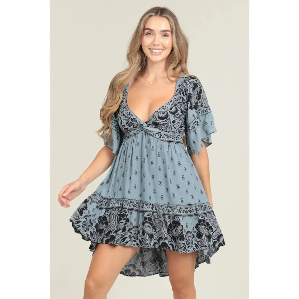 Angie Twist Front Hi Lo Ruffle Sleeve Dress - Blue