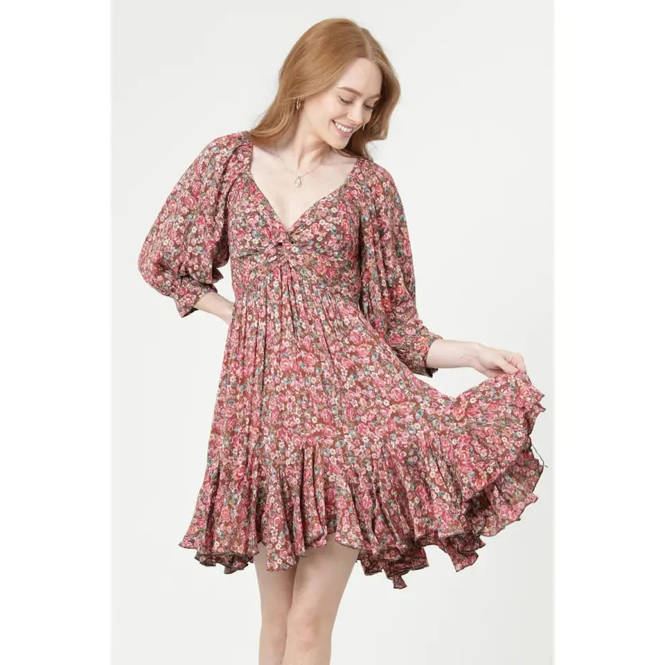 Angie Women's Front Flounce Hem Long Sleeve Dress - Brown