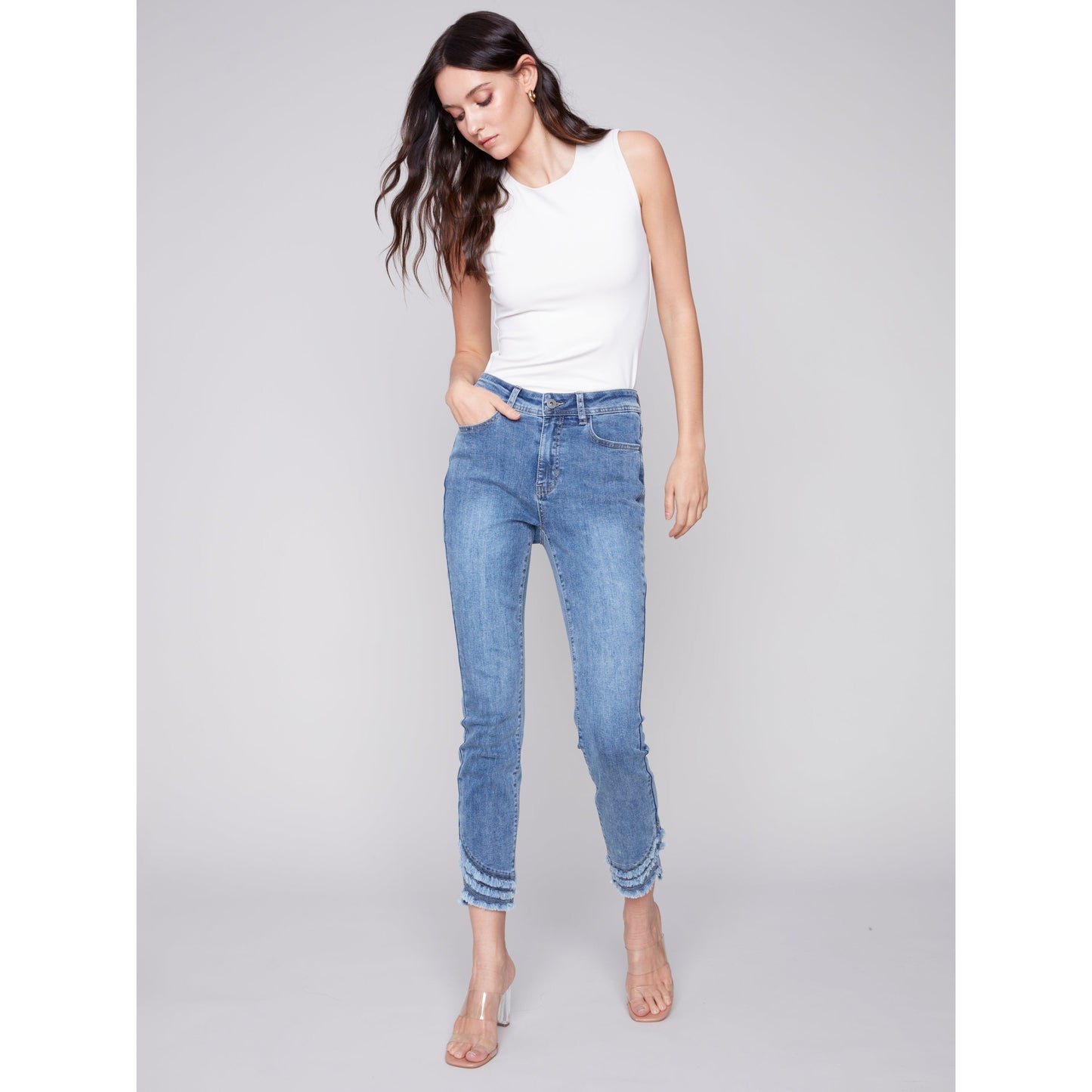 Charlie B Women's Ripped Hem Jeans - Medium Blue