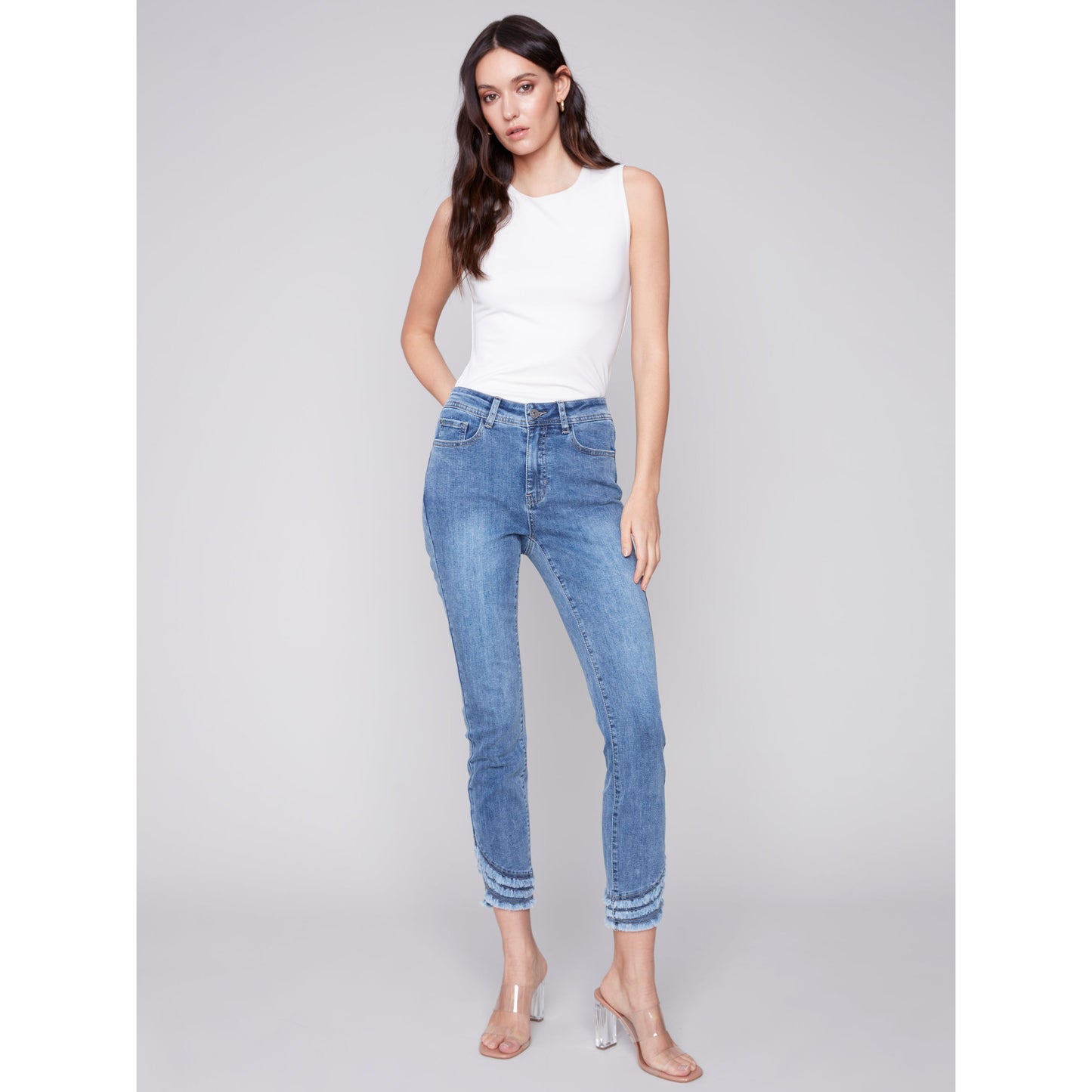 Charlie B Women's Ripped Hem Jeans - Medium Blue