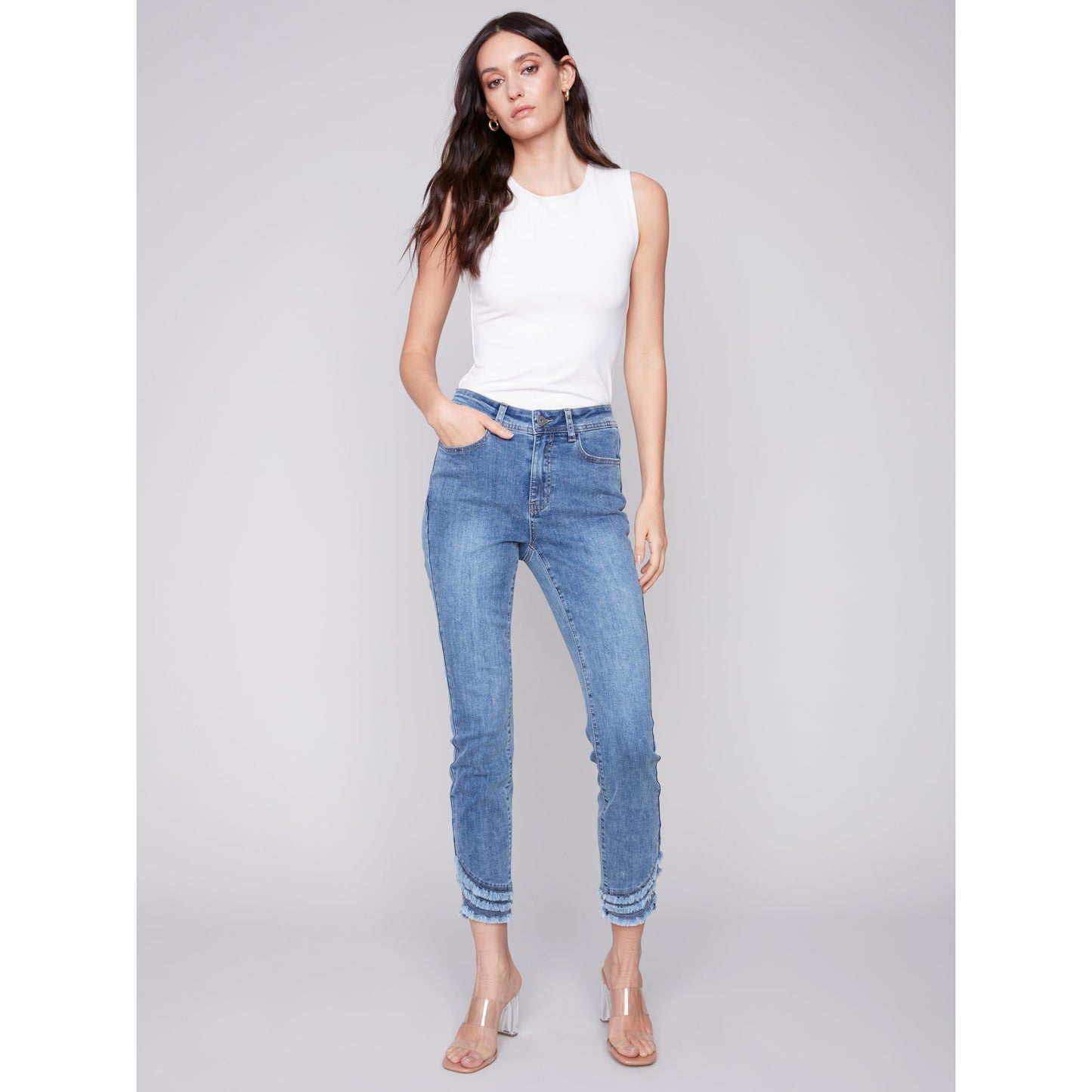 Charlie B Women's Ripped Hem Jeans - Medium Blue