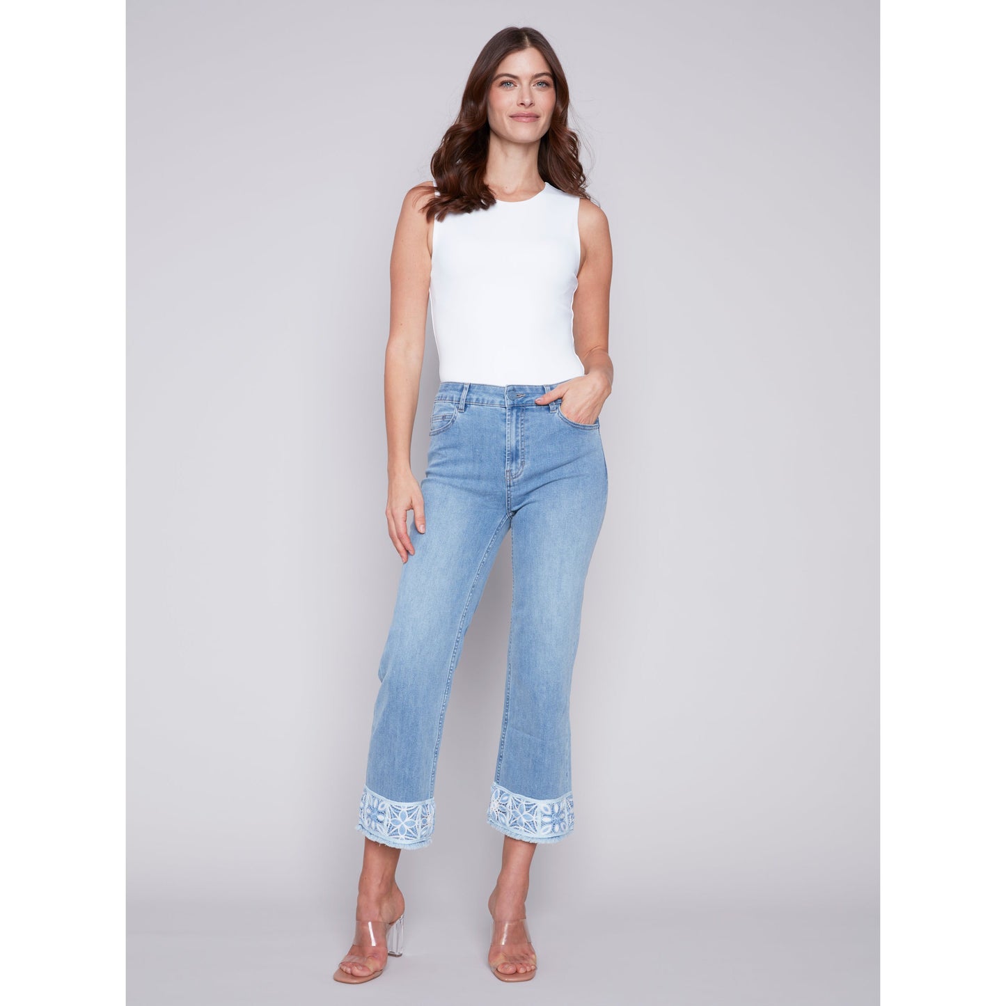 Charlie B Women's Printed Cuffed Ankle Denim Pants - Light Blue