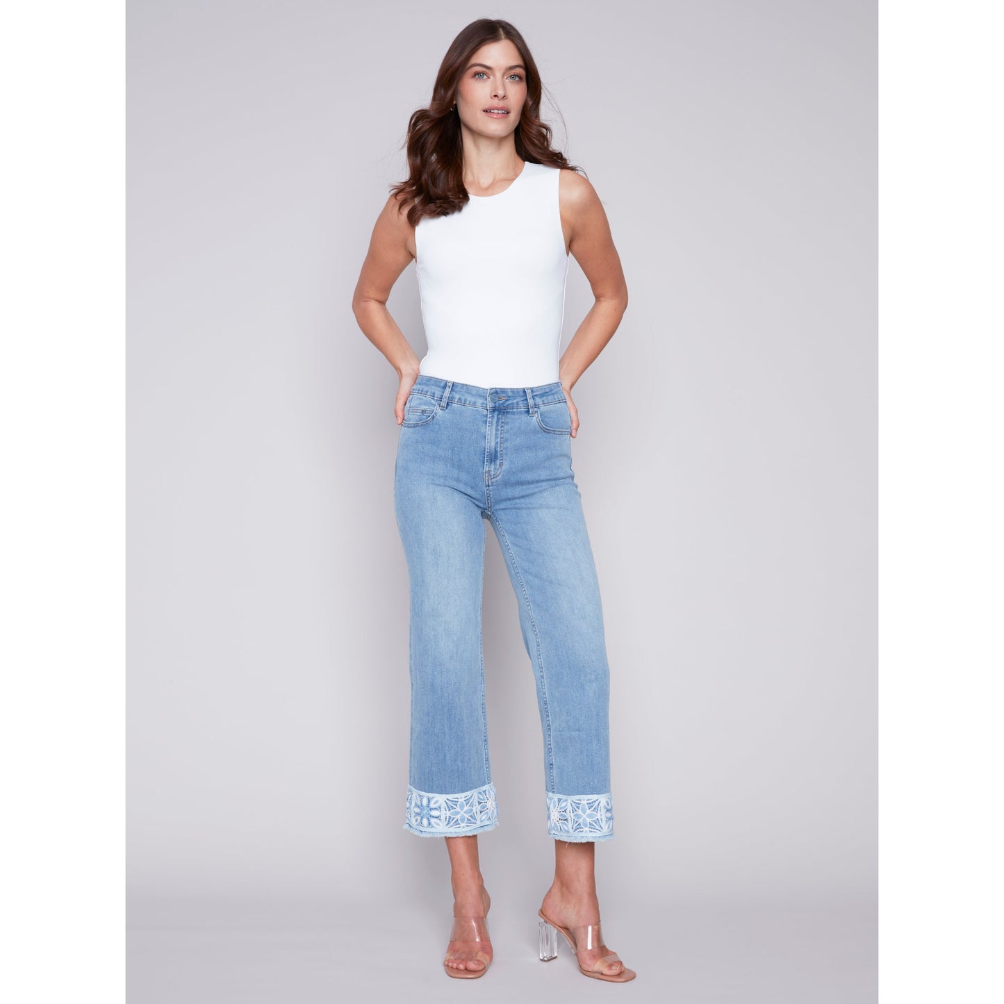 Charlie B Women's Printed Cuffed Ankle Denim Pants - Light Blue