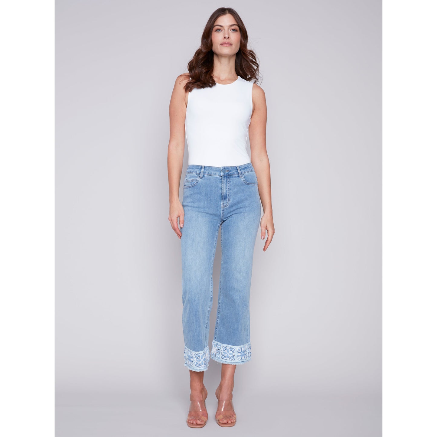 Charlie B Women's Printed Cuffed Ankle Denim Pants - Light Blue