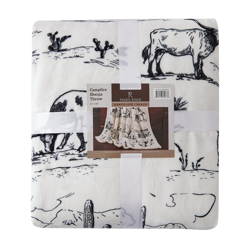 Hiend Accents Ranch Life Western Toile Campfire Sherpa Throw - Black