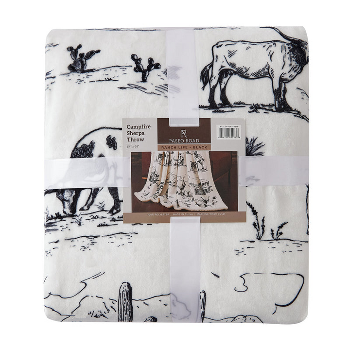 Hiend Accents Ranch Life Western Toile Campfire Sherpa Throw - Black