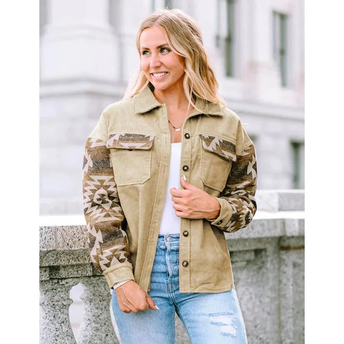 El Paso Women's Corduroy Aztec Pattern Jacket - Beige