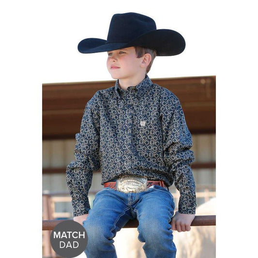Cinch Boy's Rope Print Long Sleeve Button Down Western Shirt - Blue