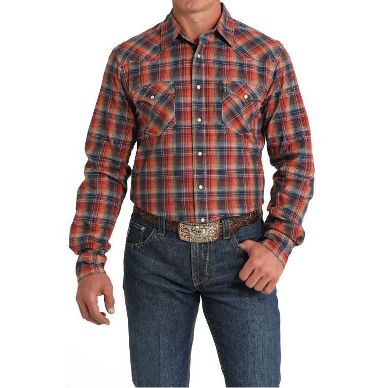 Cinch Men's Modern Fit Plaid Snap Front Western Shirt- Red/Navy