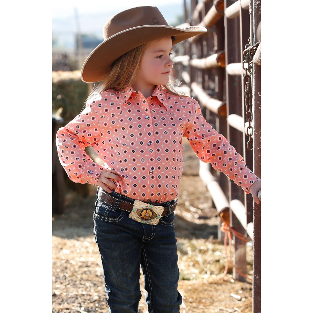 Cruel Girl Geo Snap Long Sleeve Western Shirt - Peach