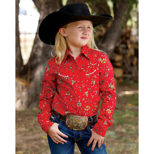 Cruel Girl Girls' Long Sleeve Print Western Shirt - Red