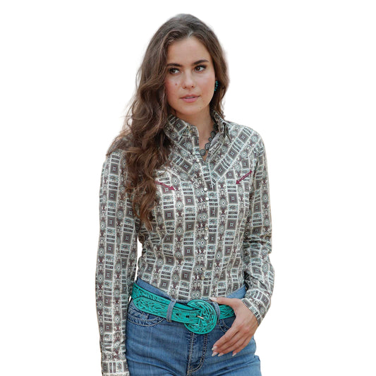 Cruel Women's Classic Geometric Western Long Sleeve Shirt - Cream