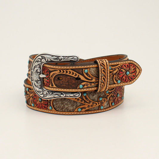 Ariat Women's Leather Calf Hair Tooled Belt - Tan