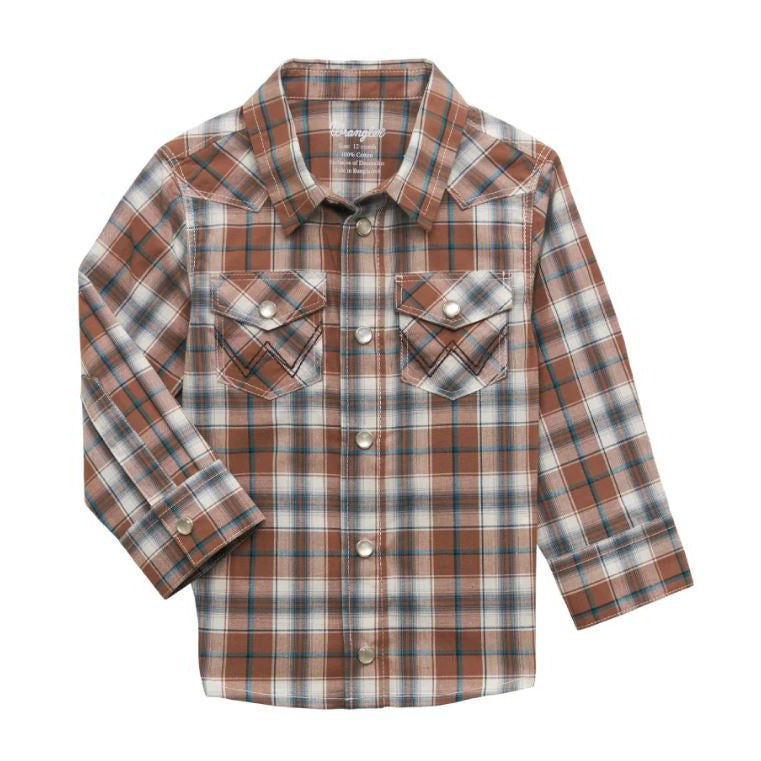 Wrangler Baby Boy Western Plaid Long Sleeve Snap Shirt -Brown