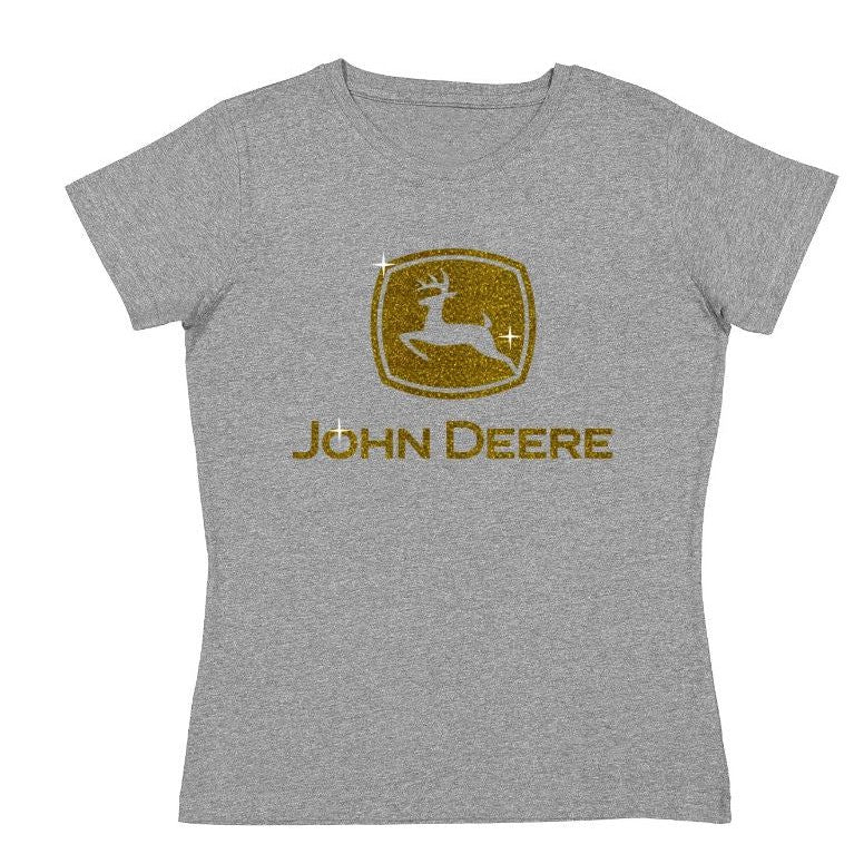 John Deere Women's Trademark John Deere Gold Glitter Logo - T Shirt - Grey