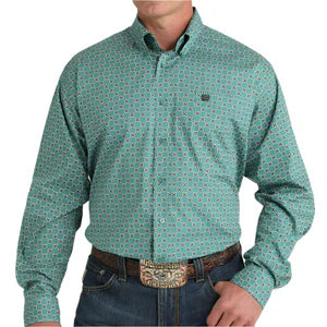 Cinch Men's Long Sleeve Geometric Print Shirt- Green