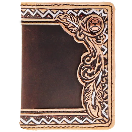 Hooey War Paint Hand Tooled Aztec Feather Filgree Bifold Money Clip - Brown/Tan