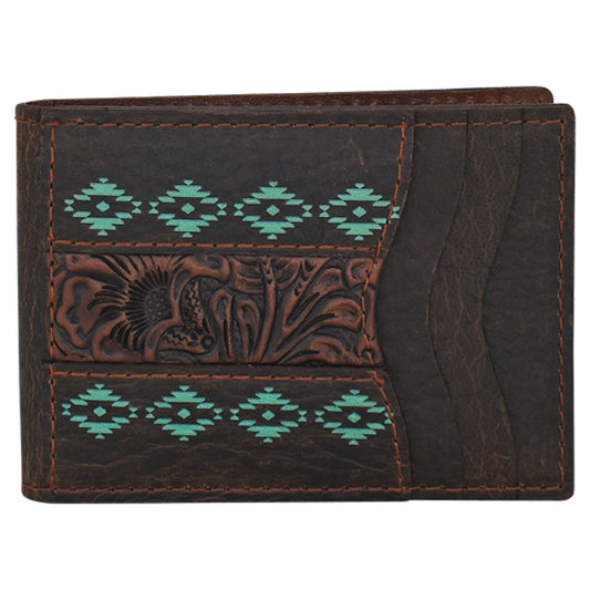 Red Dirt Men's Tooled Accent with Turquoise Design Bifold Card Case - Dark Brown