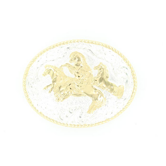 Crumrine Wild Horses Oval Buckle - Shiny Silver & Bronze