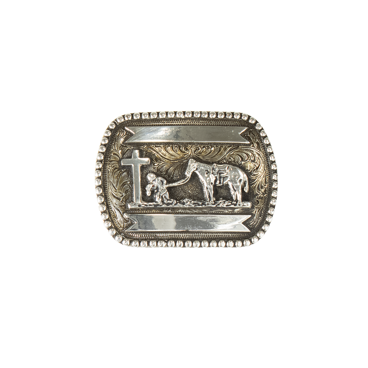 Crumrine Praying Cowboy Cross Rectangle Buckle - Antique Silver