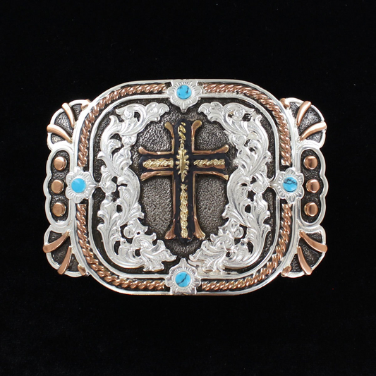 Crumrine Rectangle Buckle - 3-Tone Center Cross