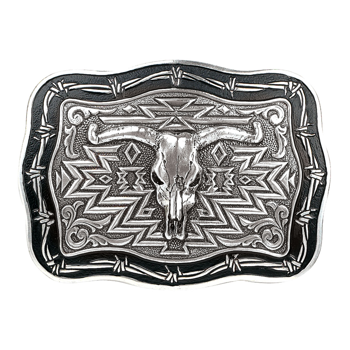Crumrine Rectangle Vintage Steer Skull Buckle - Antique Silver/Black