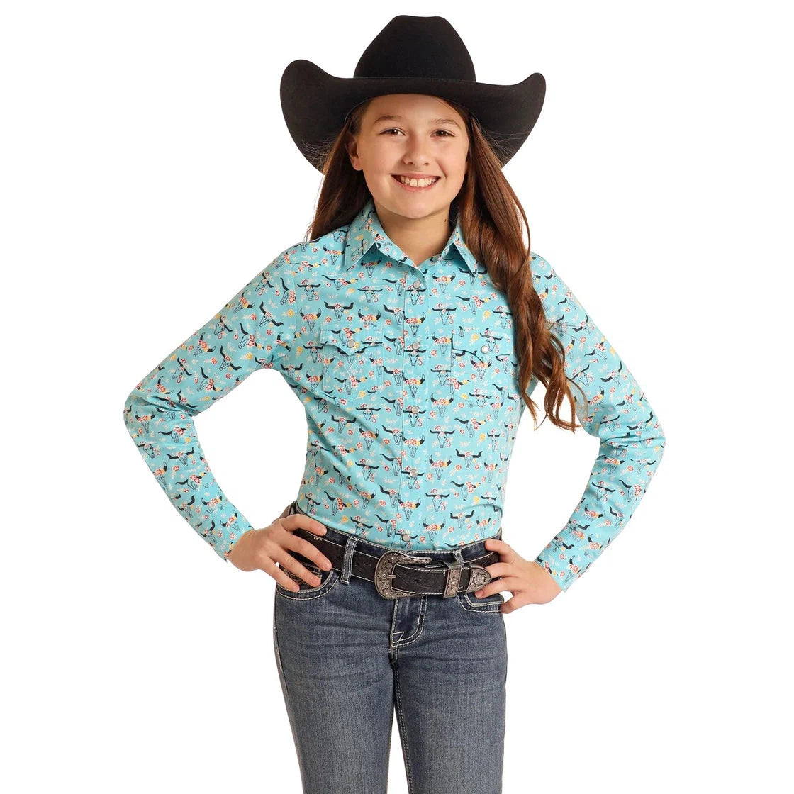 Panhandle Girl's Long Sleeve Print Snap Shirt- Turquoise