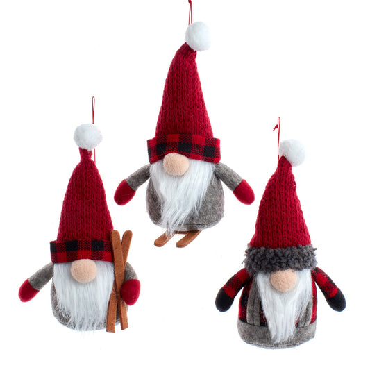 8"RED/GRAY SKI GNOMES ORNAMENT 3/ASSORTED
