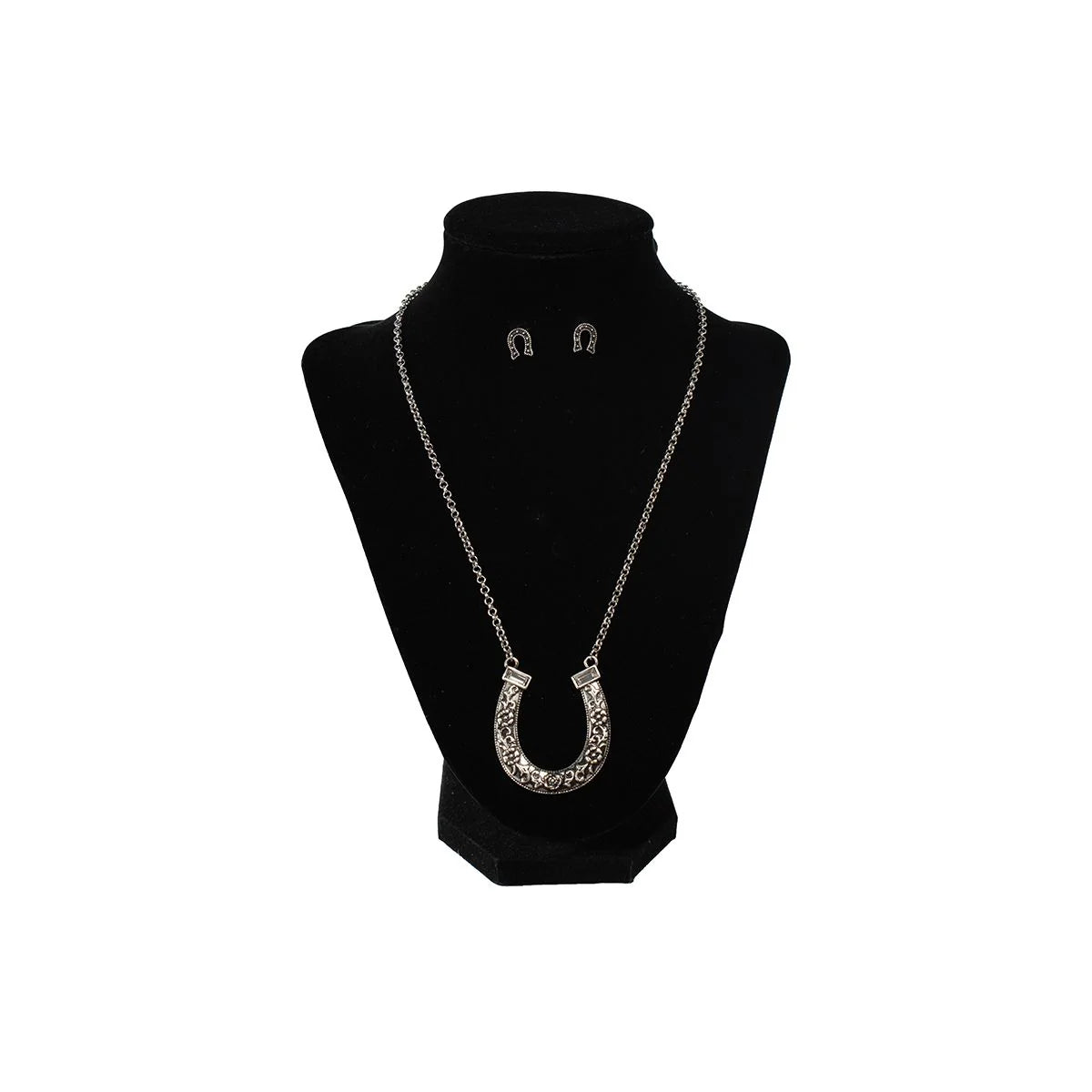 Silver Strike Floral Horseshoe Necklace & Earring Set -Silver
