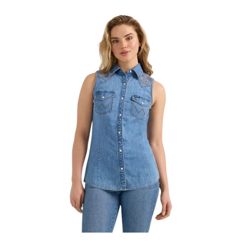 Wrangler Women's Embellished Denim Sleeveless Snap Shirt - Blue