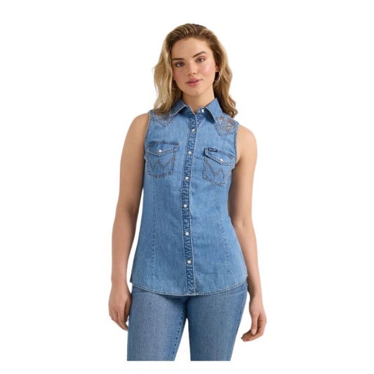 Wrangler Women's Embellished Denim Sleeveless Snap Shirt - Blue