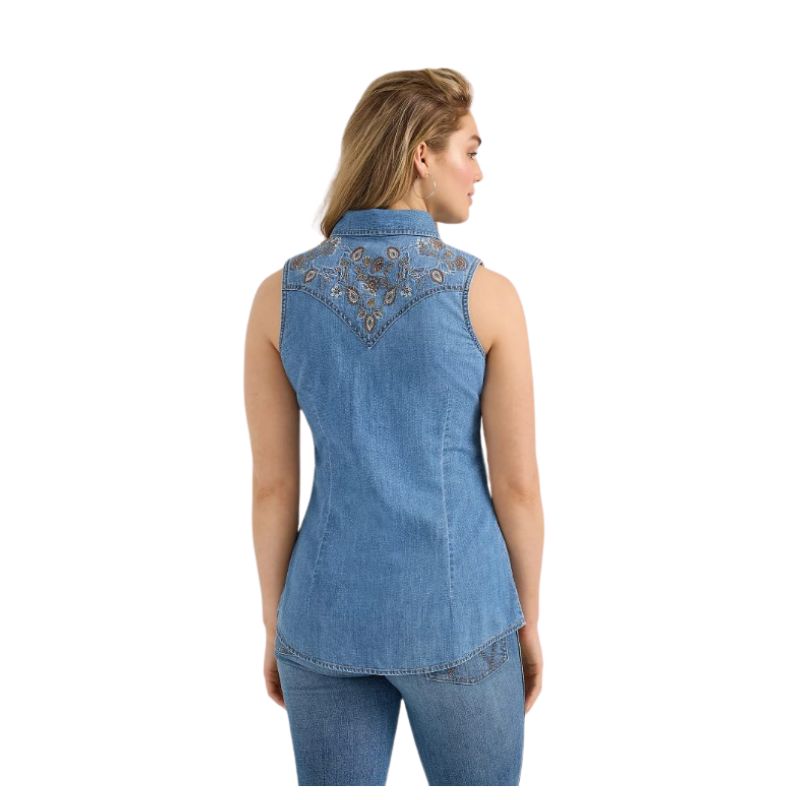Wrangler Women's Embellished Denim Sleeveless Snap Shirt - Blue