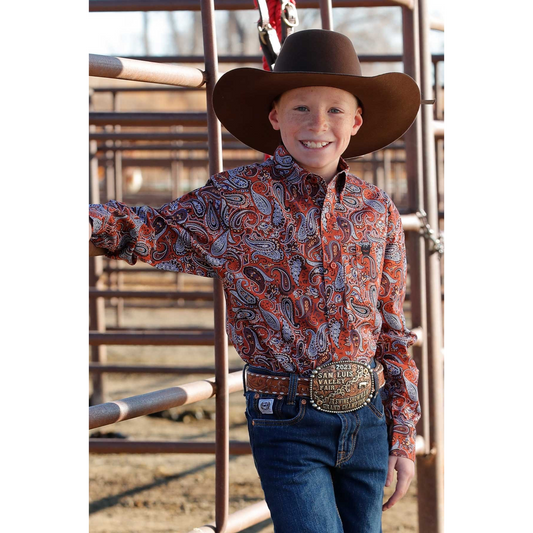 Cinch Boy's Paisley Print Long Sleeve Button Down Western Shirt - Orange