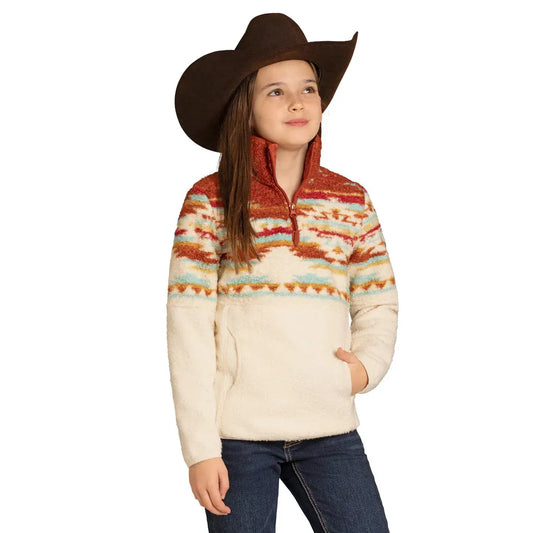 Panhandle Girl's Long Sleeve Southwestern Aztec Berber Pullover- Multi