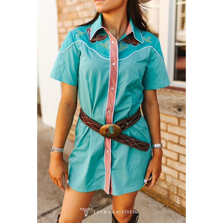 Lucky & Blessed Women's Short Sleeve Button Down Western Printed Yoke Dress - Jade