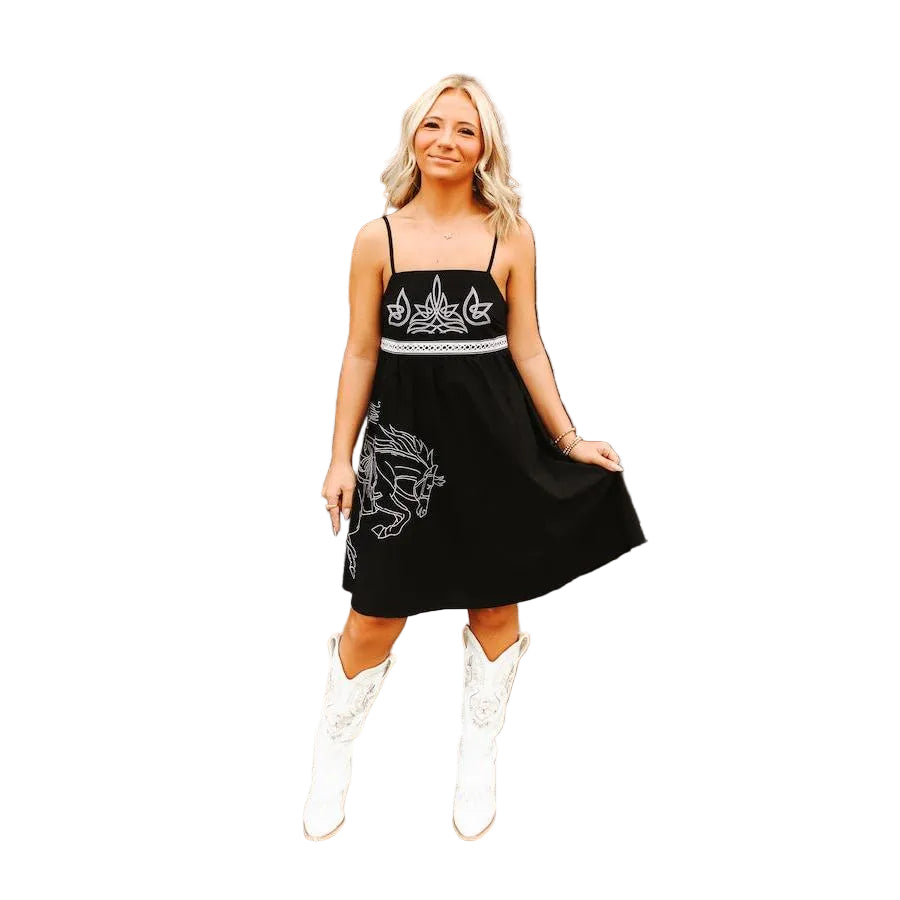 Lucky & Blessed Women's Horse Embroidered Spaghetti Strap Dress- Black - Irvine Tack & Western Wear
