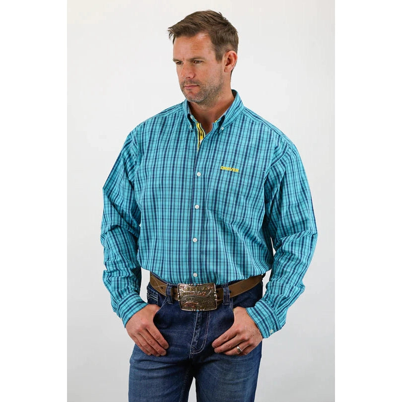 Drover Men's Signature Series Longhorn Shirt - Turquoise & Blue Plaid