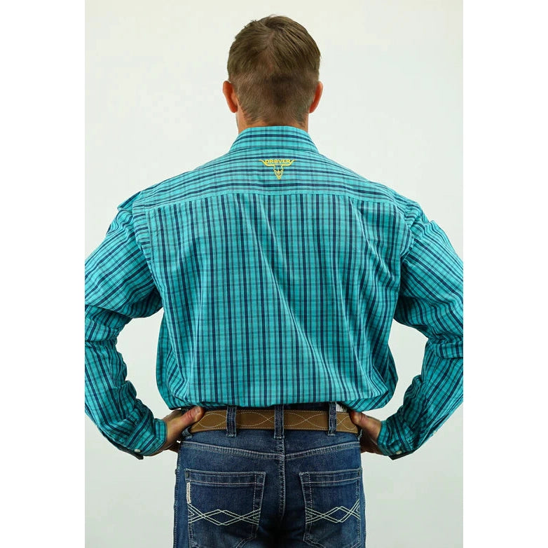 Drover Men's Signature Series Longhorn Shirt - Turquoise & Blue Plaid