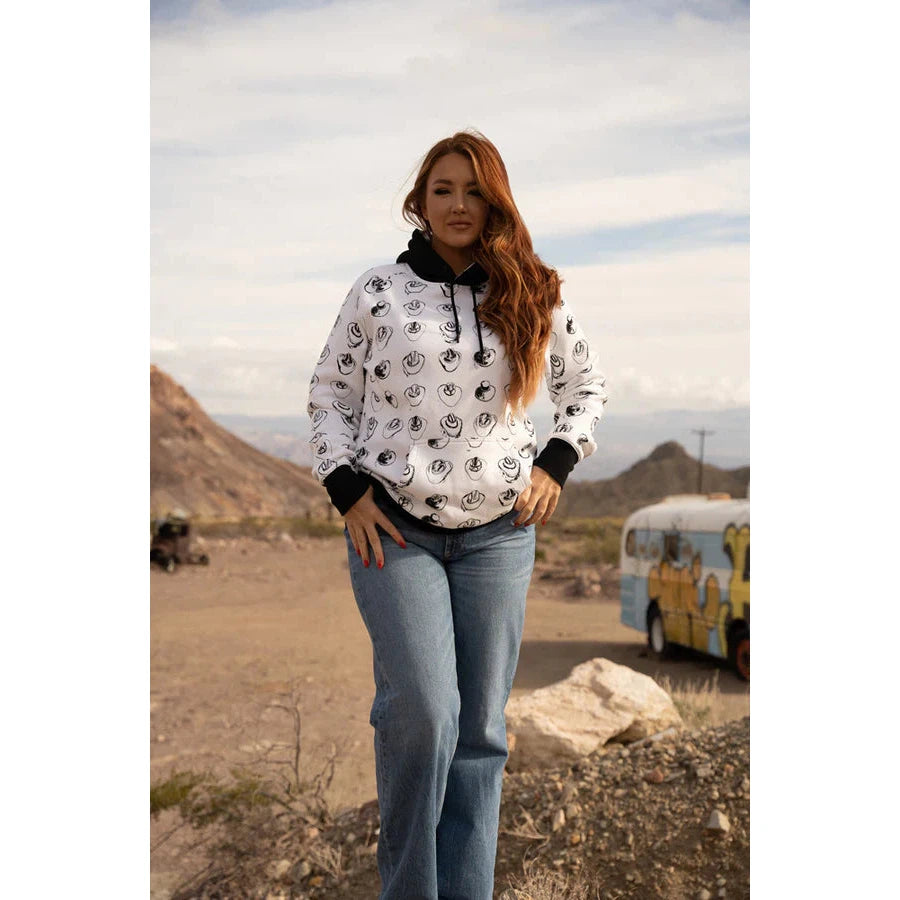 Hooey Women's Summit Hoodie - White/Black with Cowboy Hat Pattern