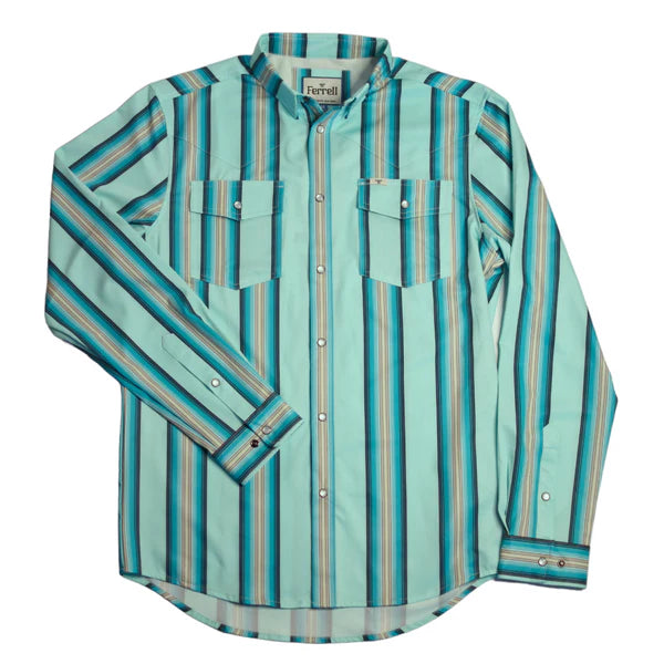 Ferrell Men's The Bear Long Sleeve Snap Shirt - Light Aqua Stripe